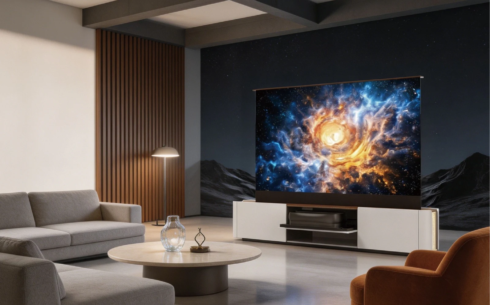 T60PRO laser TV flip module integrated into a living room cabinet